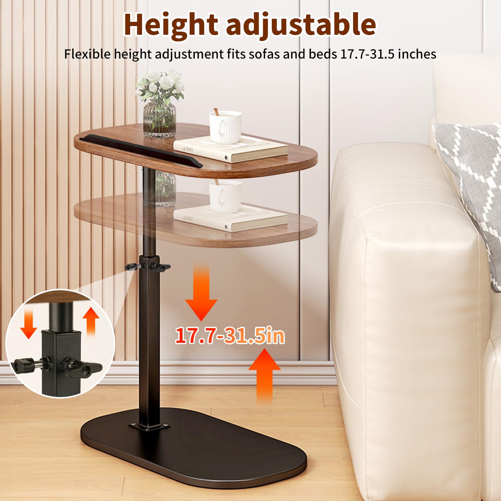 Adjustable Height 360° Swivel C-Shaped Side Table طاولة جانبية قابلة للتعديل