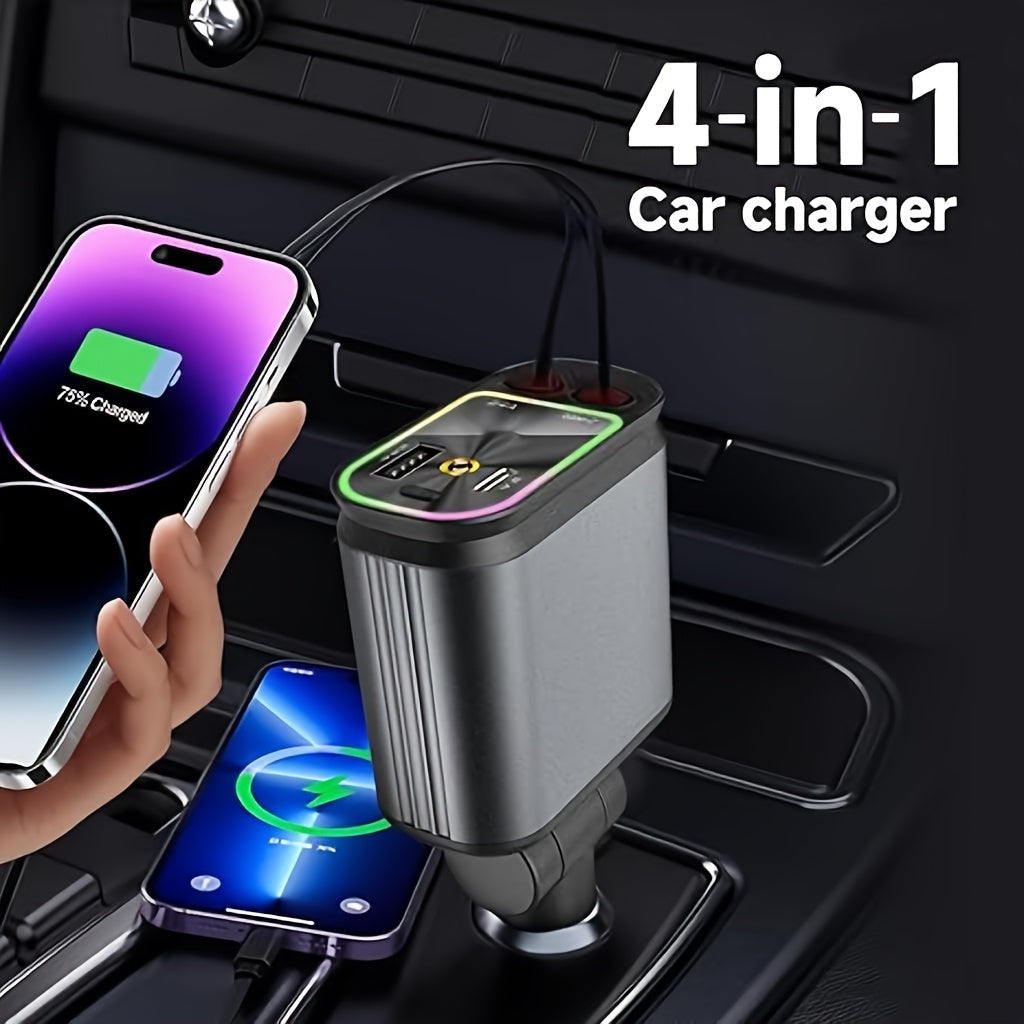 Retractable 4-in-1 Car Charger with Star Roof Light شاحن سيارة 4 في 1 قابل للسحب مع إضاءة سقف نجومية