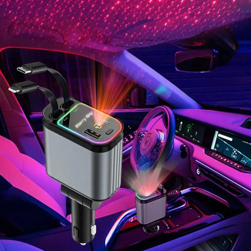 Retractable 4-in-1 Car Charger with Star Roof Light شاحن سيارة 4 في 1 قابل للسحب مع إضاءة سقف نجومية