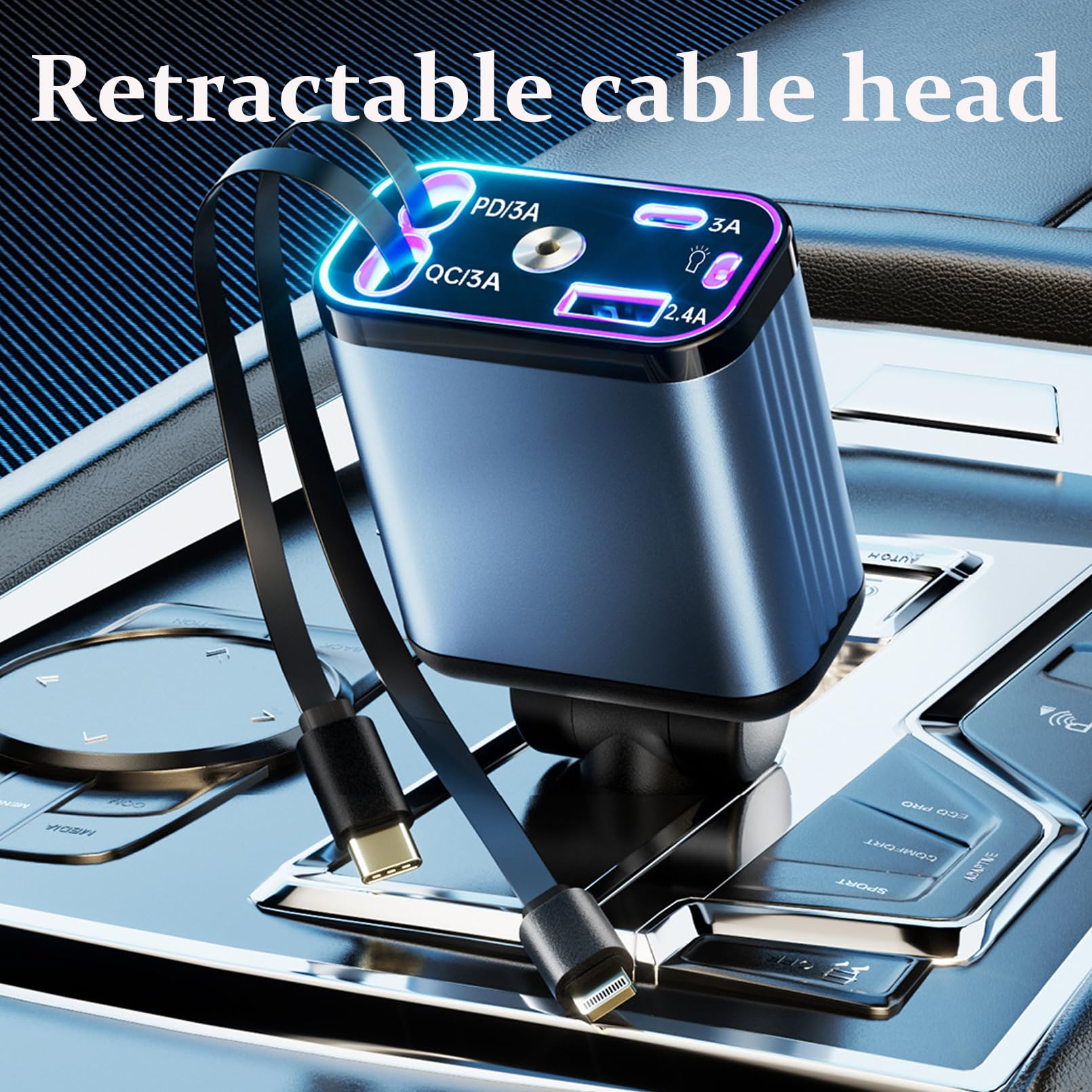 Retractable 4-in-1 Car Charger with Star Roof Light شاحن سيارة 4 في 1 قابل للسحب مع إضاءة سقف نجومية