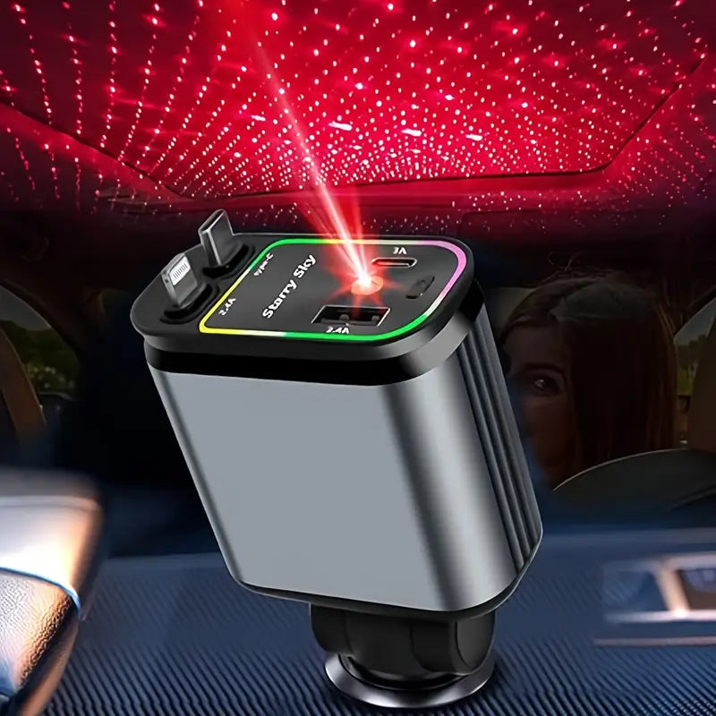 Retractable 4-in-1 Car Charger with Star Roof Light شاحن سيارة 4 في 1 قابل للسحب مع إضاءة سقف نجومية