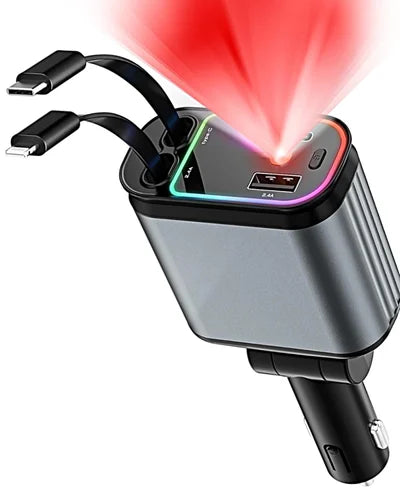 Retractable 4-in-1 Car Charger with Star Roof Light شاحن سيارة 4 في 1 قابل للسحب مع إضاءة سقف نجومية